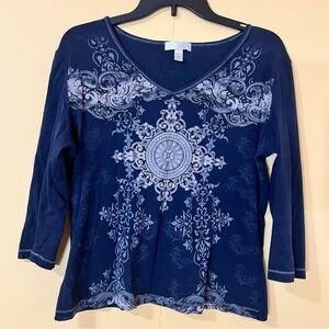 Dress Barn Y2K Blue Paisley Bedazzled Quarter Sleeve Shirt Pre-owned